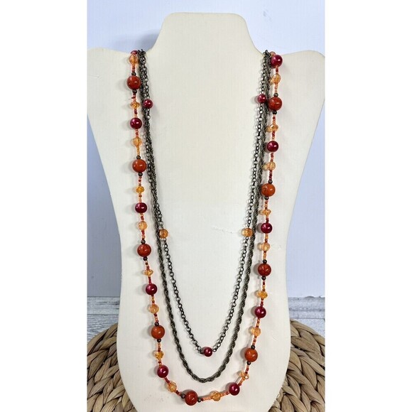 Brown Glass Bead Multi Strand Filigree Ball Long Chain Orange Necklace Fairy - Picture 1 of 7